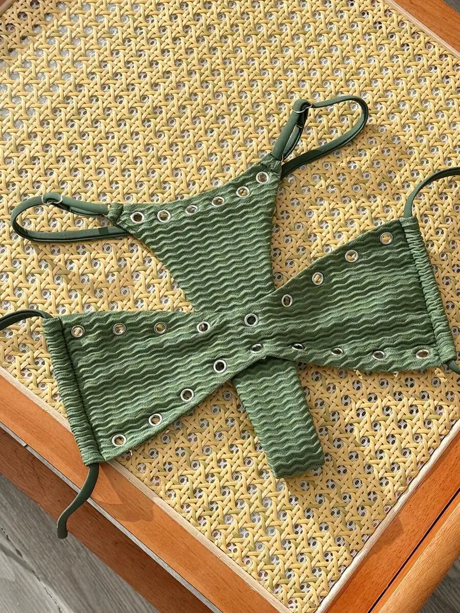 

Womens Green Wavy Striped Bikini Set With Metal Grommets Summer Swimwear