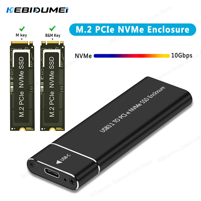 Case para Disco Rígido M.2 NVME SATA KEBIDUMEI, USB Tipo C 10Gbps, Caixa Externa para Laptop, Acessório de Disco Rígido em Liga de Alumínio
