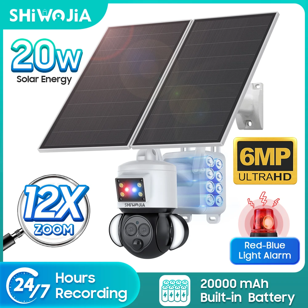 SHIWOJIA 6MP 12X ZOOM Solar Camera 4G SIM 20W Solar Panel Security Camera with 20000mAh Battery Anti-theft Siren Alarm PTZ Camer