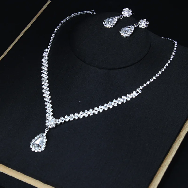 

DIY accessories Korean fashion versatile bride rhinestone water drop necklace earrings set wedding banquet women's simple access