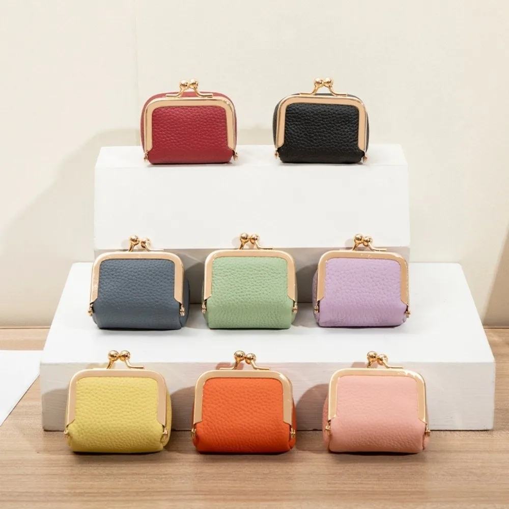 Cute Genuine Leather Kiss Lock Coin Purse Square Solid Color Leather Jewelry Bag Multifunctional Mini Small Item Bag Earrings