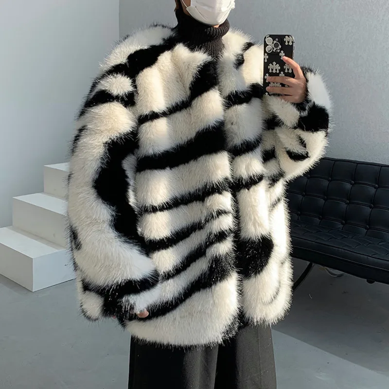 IEFB Male Loose Fur Coat Men\'s Contrast Color Striped Round Neck 2024 Autumn High Street Male Cotton Overcoat Stylish 24A1117