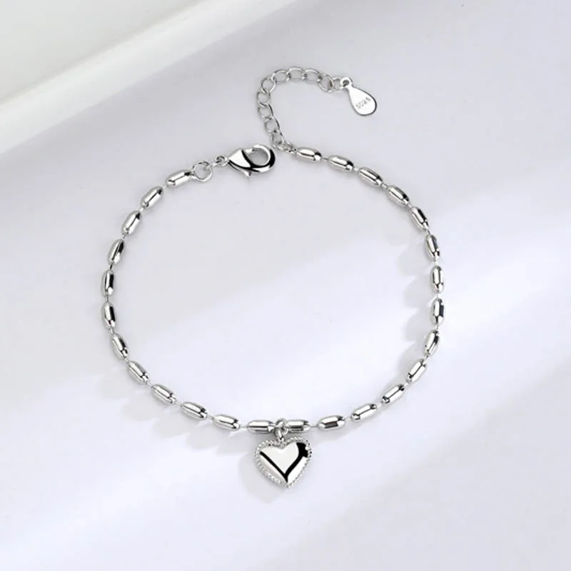 Rice Grain Shape Chain Heart Bracelet Fashionable Women's Silver Plated Jewelry Gift for Girls Ladies 15-18cm