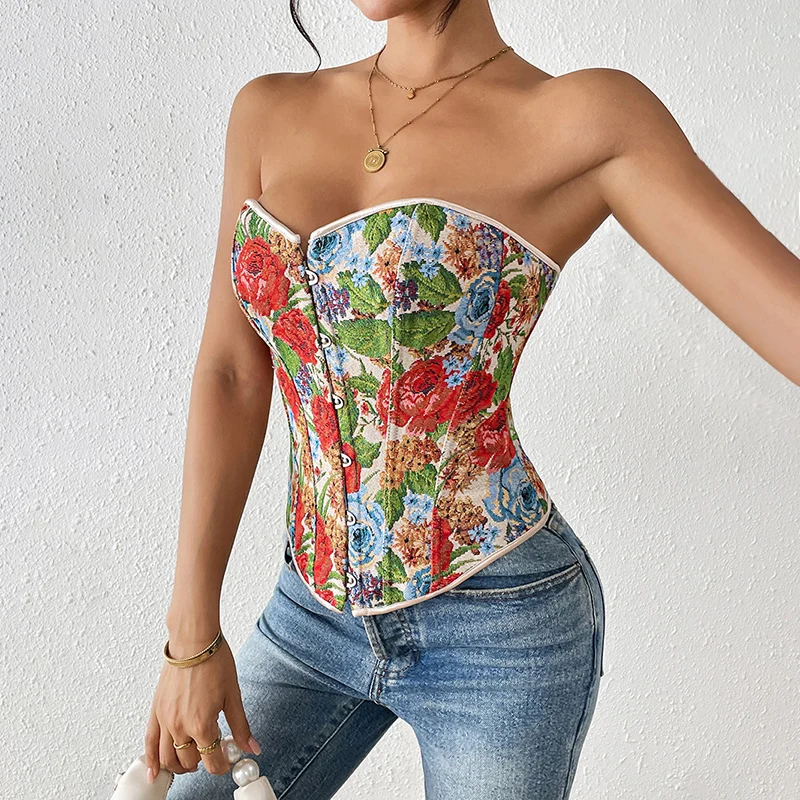 Summer new style retro print boned corset with lace-up drawstring at the back, French-style strapless shaping bustier for outer