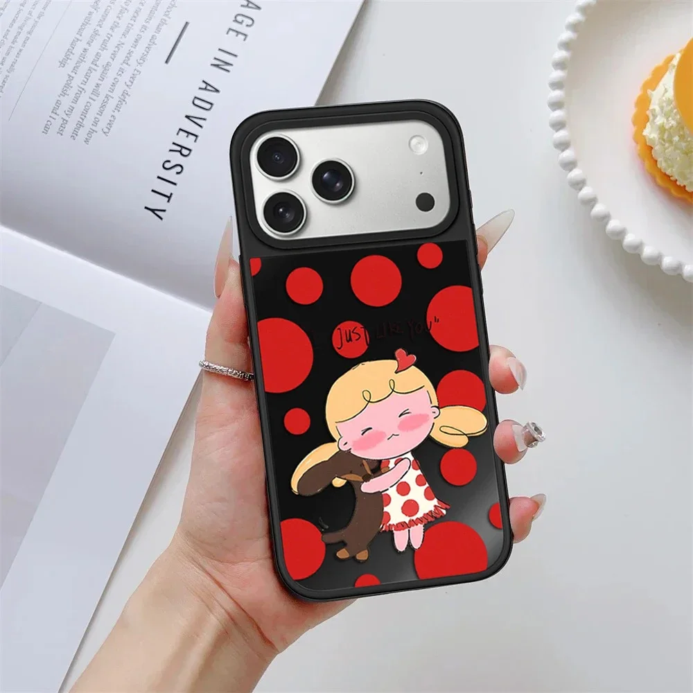 Cute Polka Dot Cartoon Girl Black Mirror Surface Magnetic Phone Case Cover for IPhone 13 14 15 16 17 18 Pro Max Case
