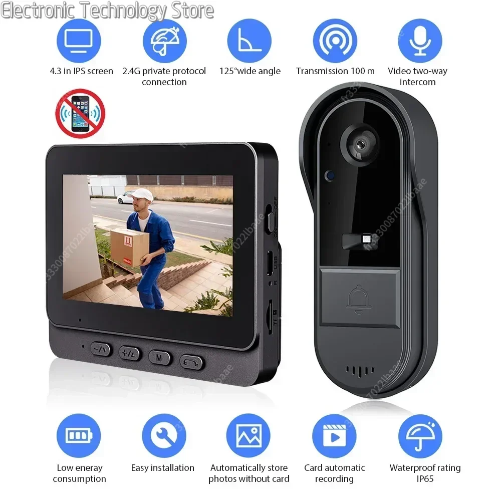 4.3inch 2.4G  Wireless Video Doorbell Camera WIFI Night Vision Smart Home Security Door Bell Two Way Intercom For Home