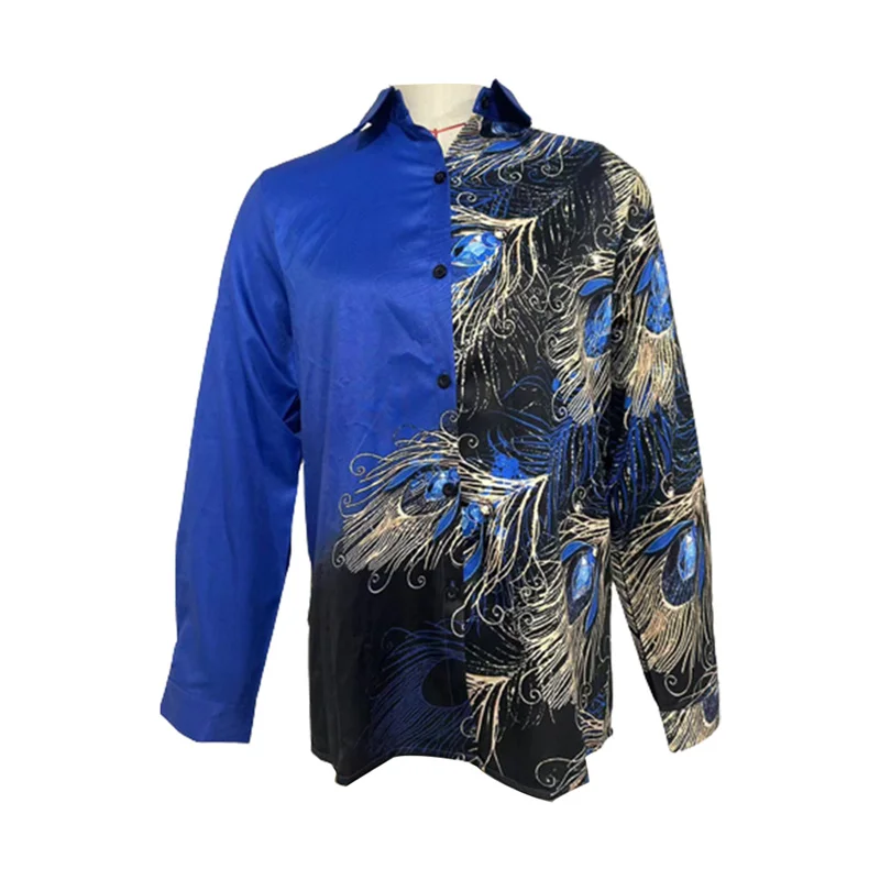 Fashion Peacock Feathers Gemstone Print Lapel Shirt Women Elegant Daily Commuter Loose Blouse Female Autumn Single-breasted Tops