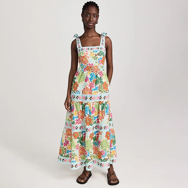 Verão 2025 cintura alta floral impressão feminina dr svel nel vestido de saia completa commute sle nuvem vermelha material de seda