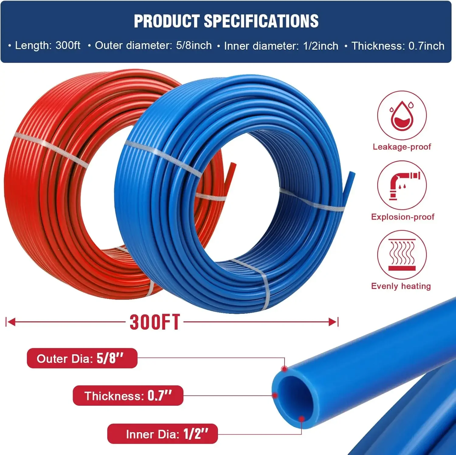 أنبوب PEX 1/2 بوصة 300 قدم 2 لفات أنابيب PEX EVOH PEX-B حاجز غير أكسجين متين مانع للتسرب (أحمر + أزرق)