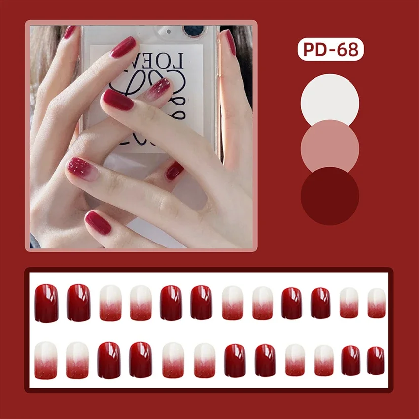 

24Ps/Set Red Gradient Glitter Acrylic Press on Nail Full Cover Adhesive Short Wearing False Nails Sweet Minimalist Fake Nail Art