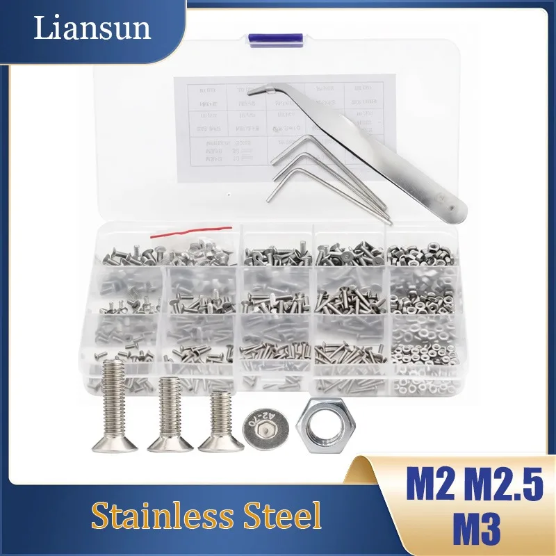 600Pcs/box Hexagon Hex Socket Flat Head Screw Bolt Set M2 M2.5 M3 Stainless Steel Allen Countersunk Head Screw Bolt Nut Set