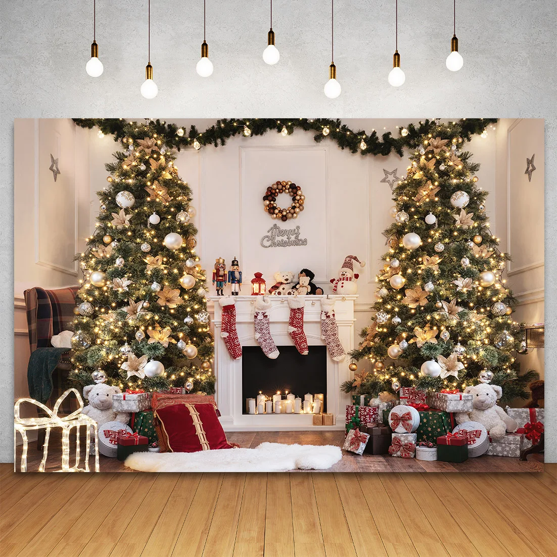 Christmas Background Photography Banner Winter Fireplace Fire Xms Tree Gift Room Decor Festival Party Backdrop Photo Studio Prop