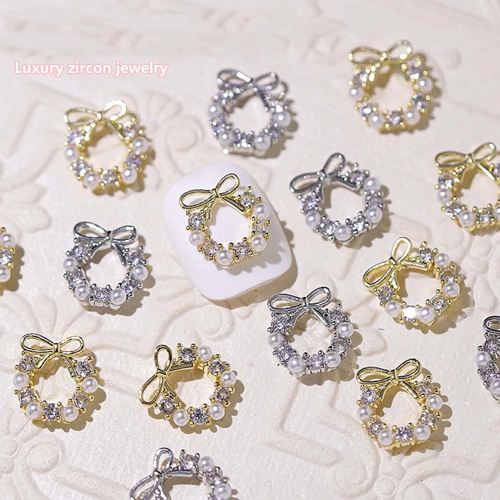 Christmas 10*11mm Garland Bowknot Pearl 3D Nail Charms 10Pcs Zircon Wreath Crystal Garland Nail Art Decoration DIY Manicure Jewe