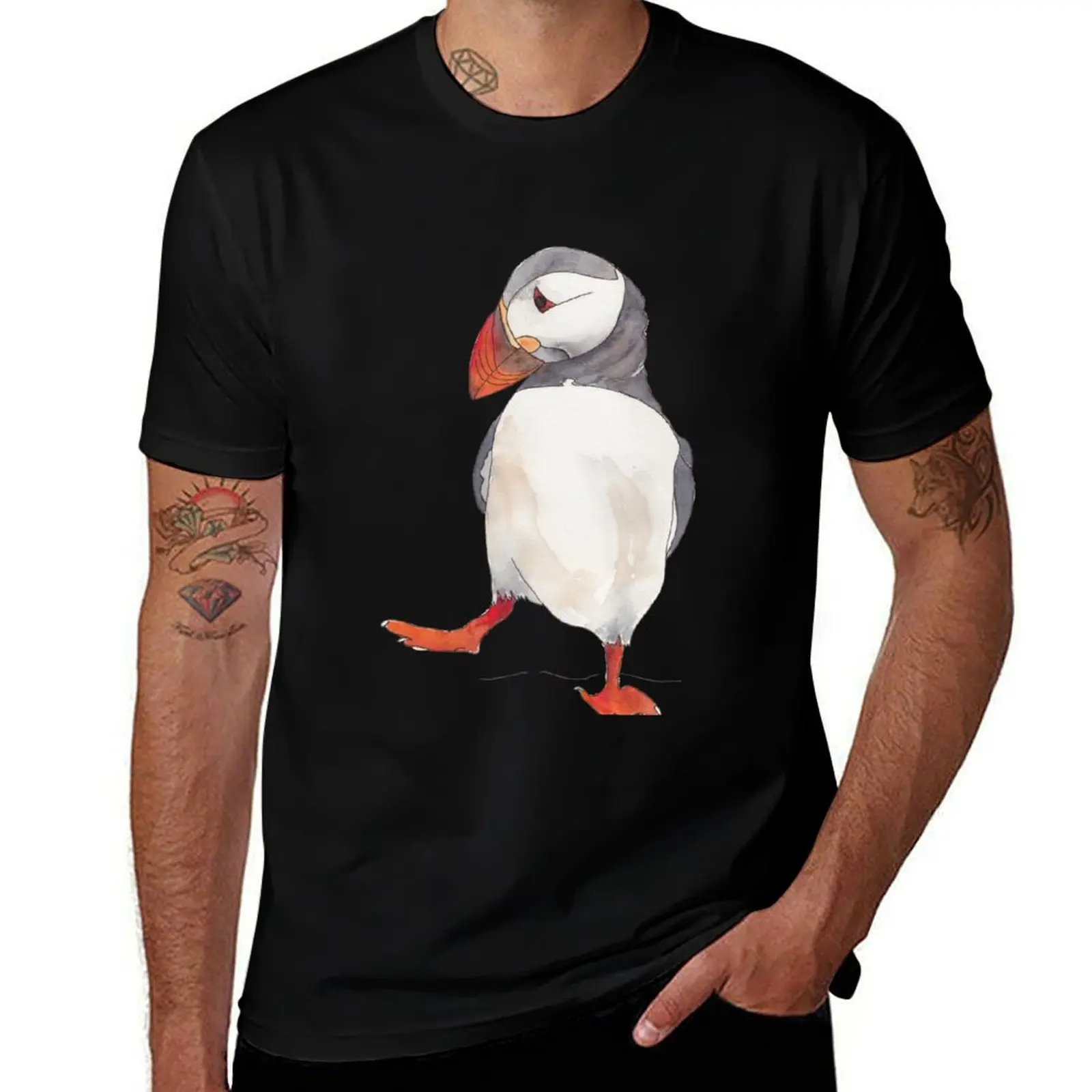 Dancing puffin watercolor illustration T-Shirt t shirt man cotton T-Shirt