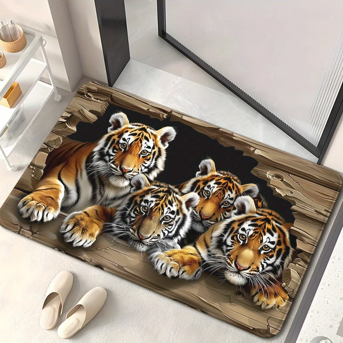 pattern of five tigers with holes Flannel-printed floor mats has a non-slip function is suitable for entrances bathroom carpets
