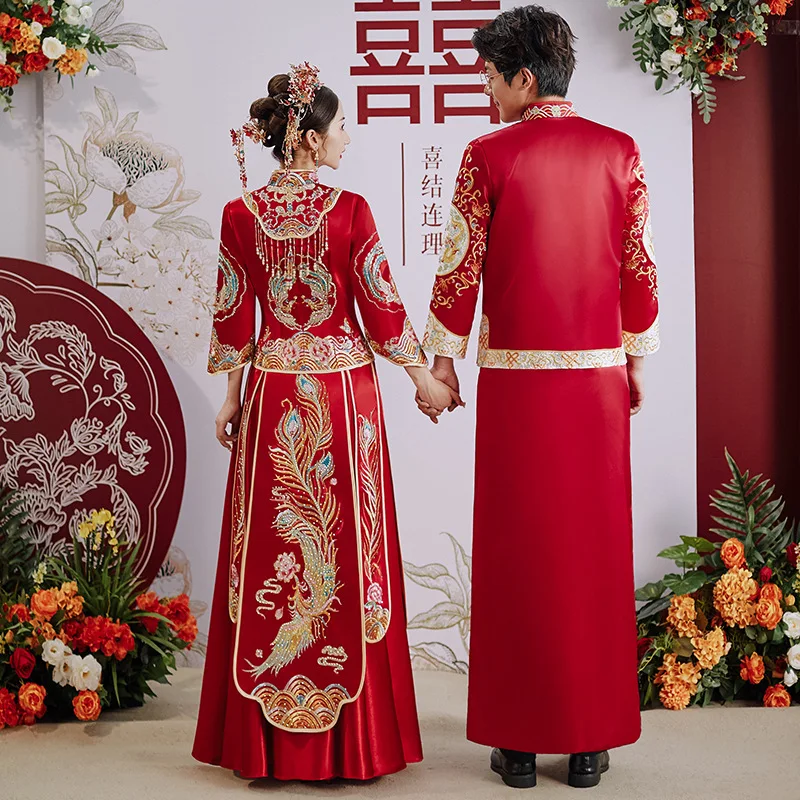 Yourqipao женское китайское свадебное платье Hanfu, традиционный костюм для пар, Cheongsam, древняя одежда Xiuhe, комплекты свадебных халатов