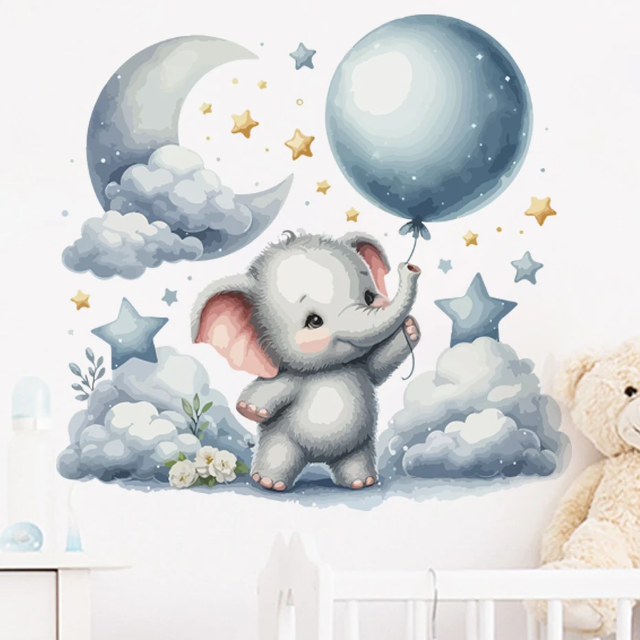 Pegatinas de pared de Luna y elefante de dibujos animados azules para habitación de niños, decoración para habitación de niños, decoración para sala