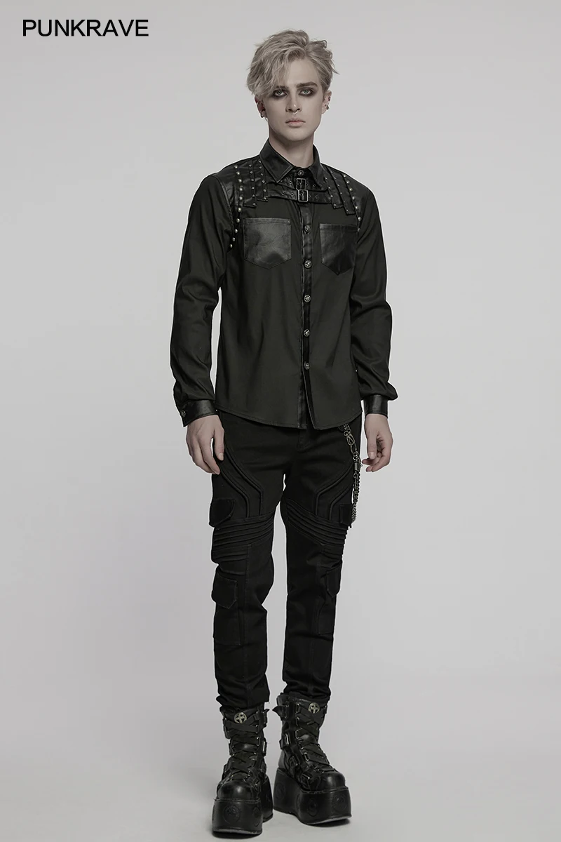 Punk rave masculino punk retalhos design ombros com rebites bonito treet camisa personalizado moda topos primavera outono