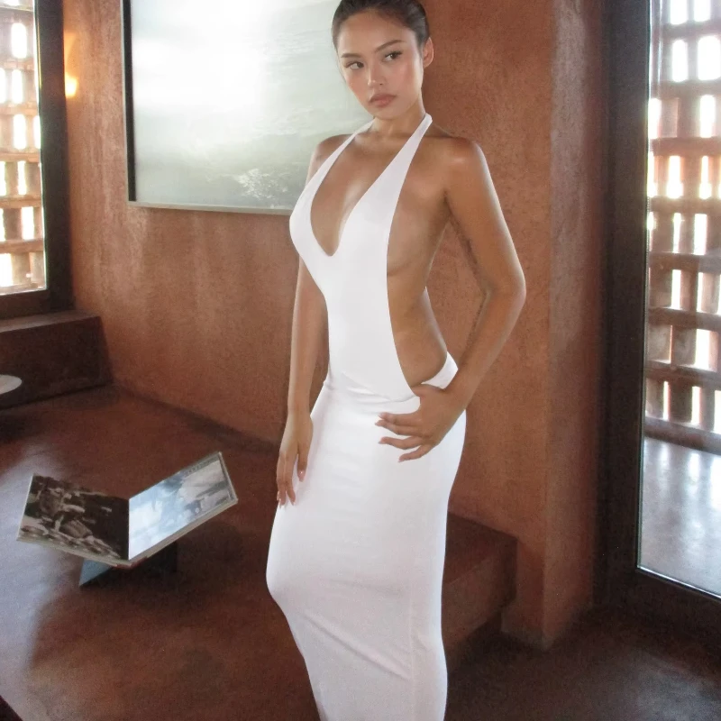Y2K Chaude Femmes Blanc Dos Nu Halter Maxi Robe Encolure Profonde Cou Sans Manches Moulante Slim Fit Discothèque Partie Robe Élégante