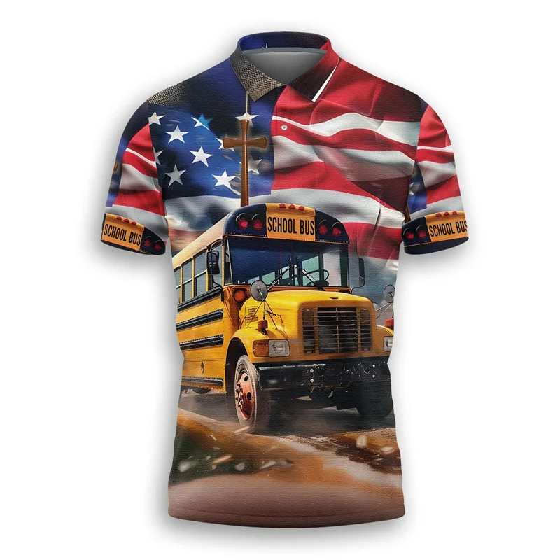 3D Printed School Bus Polo Shirt For Men Floral Leaf American Flag T-Shirts Summer Casual Loose Short Sleeve Tees Lapel Tops