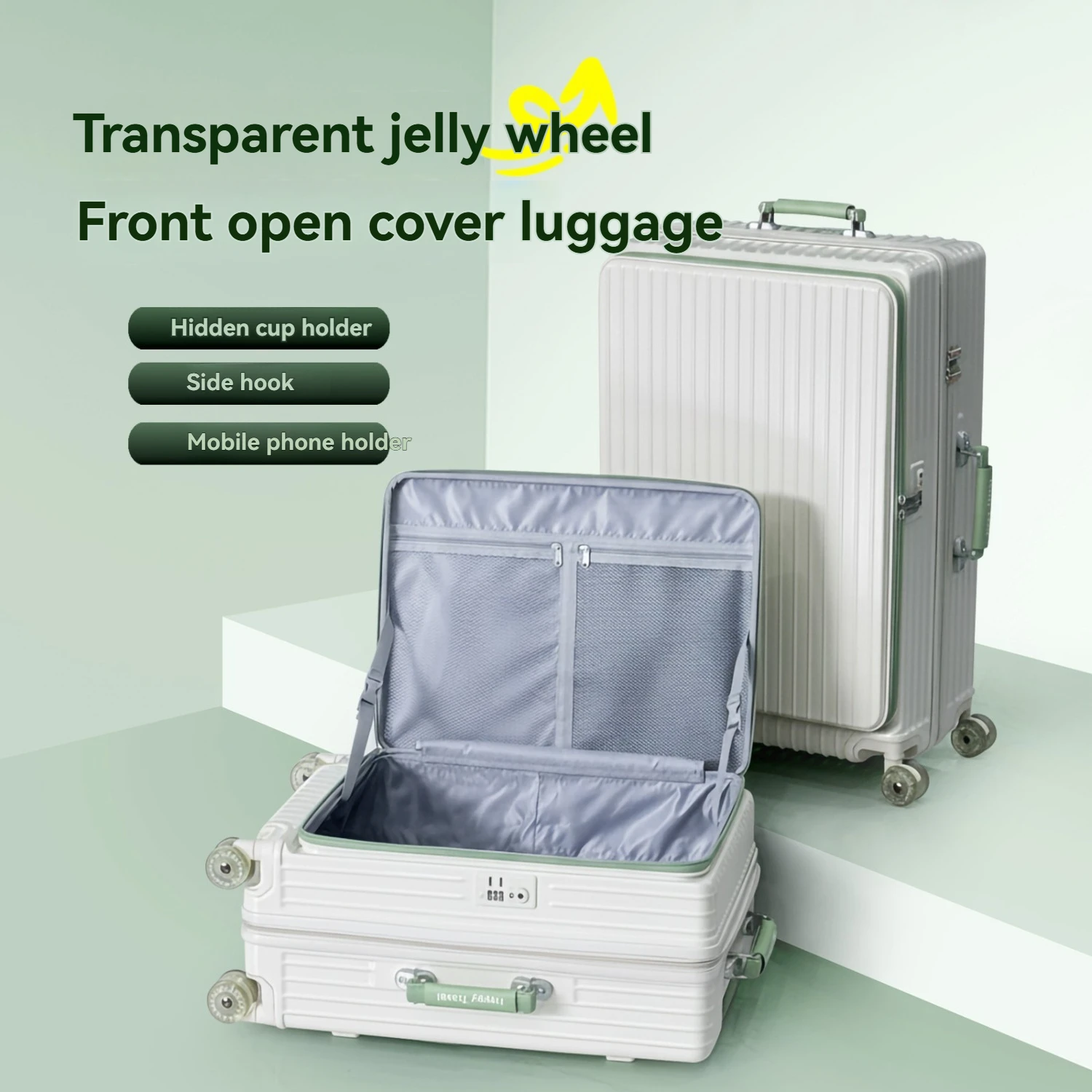 مجموعة مكونة من قطعة واحدة من حقيبة الفتح الأمامية بعجلات جيلي، وحقيبة تروللي بعجلات مع طبقة توسيع 5 سم، ومقبض جلدي، وحامل أمتعة مع حامل هاتف، ووظيفة خطاف جانبي، وقفل مخصص لقضاء عطلة الشاطئ في الهواء الطلق والسفر لمسافات طويلة