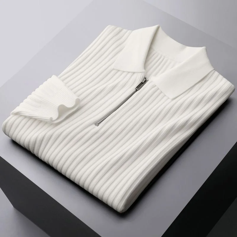 luxury High end fashion stripe warm sweater men's autumn and winter zip Lapel polo shirt casual knitting long sleeve t-shirt men