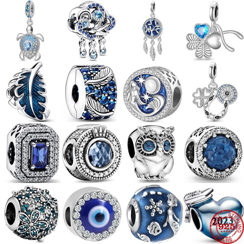 2024 Hot Sale 925 Sterling Silver Blue Series Turtle Owl Leaf Clouds Charm Bead Fit Original Pendant Bracelet DIY Jewelry Gift