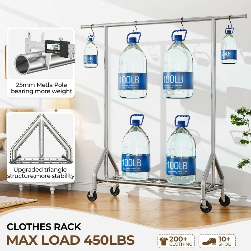 Heavy Duty Clothes Rack Load 450 LBS, Standing Rolling Metal Garment Rack for Hanging Clothes with Sturdy Wheels & Shelves