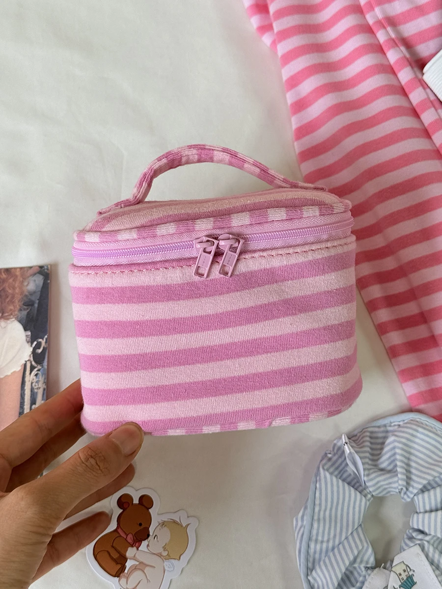 Mirror Pink Striped Makeup Bag Women Fashion Portable Zipper Cosmetic Travel Organizer Girls Cute Sweet Handbag Toiletry Pouch