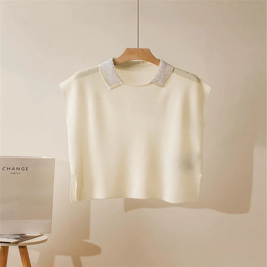 

24 Spring/Summer BC New Women's Fine Spinning Woolen Sweater Straight Turn Collar Bead Chain Knitted Top Women's T-shirt