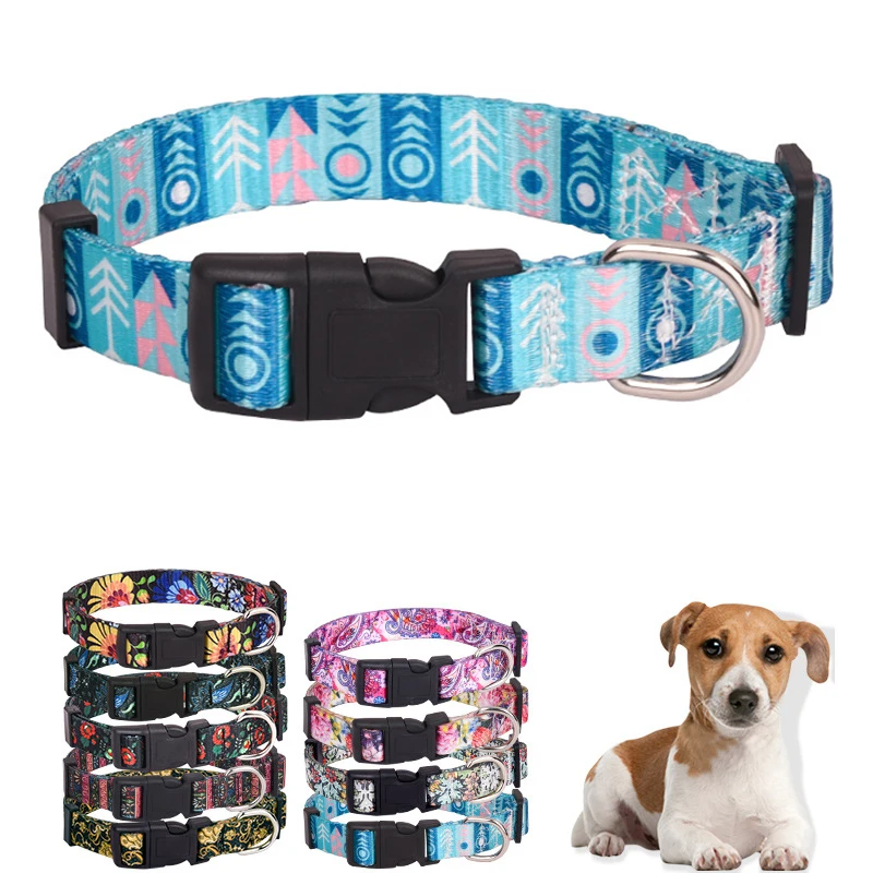 Retro Printed Dog Collar Adjustable Floral Pattern Necklace with Quick Release Buckle for Small Medium Large Dog Walking Running