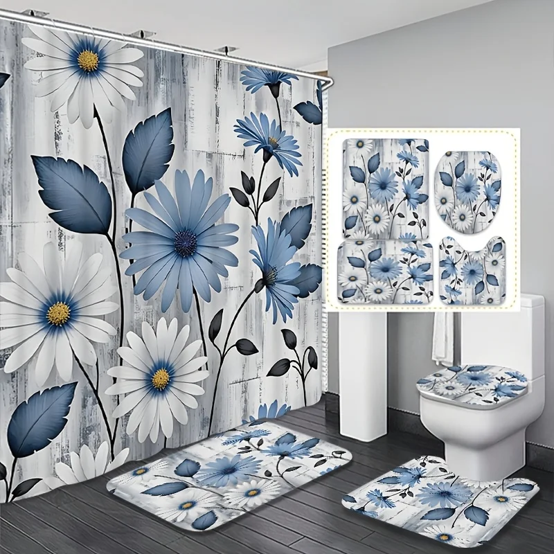 

4pc Blue floral pattern bathroom set, machine washable, includes shower curtain, U-shaped mat non-slip mat and toilet seat cover