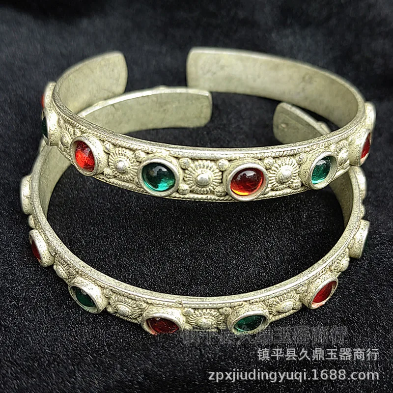 - Miao Inlaid Bracelet, Antique Old Item, Tibetan Silver Ethnic Style Bangle
