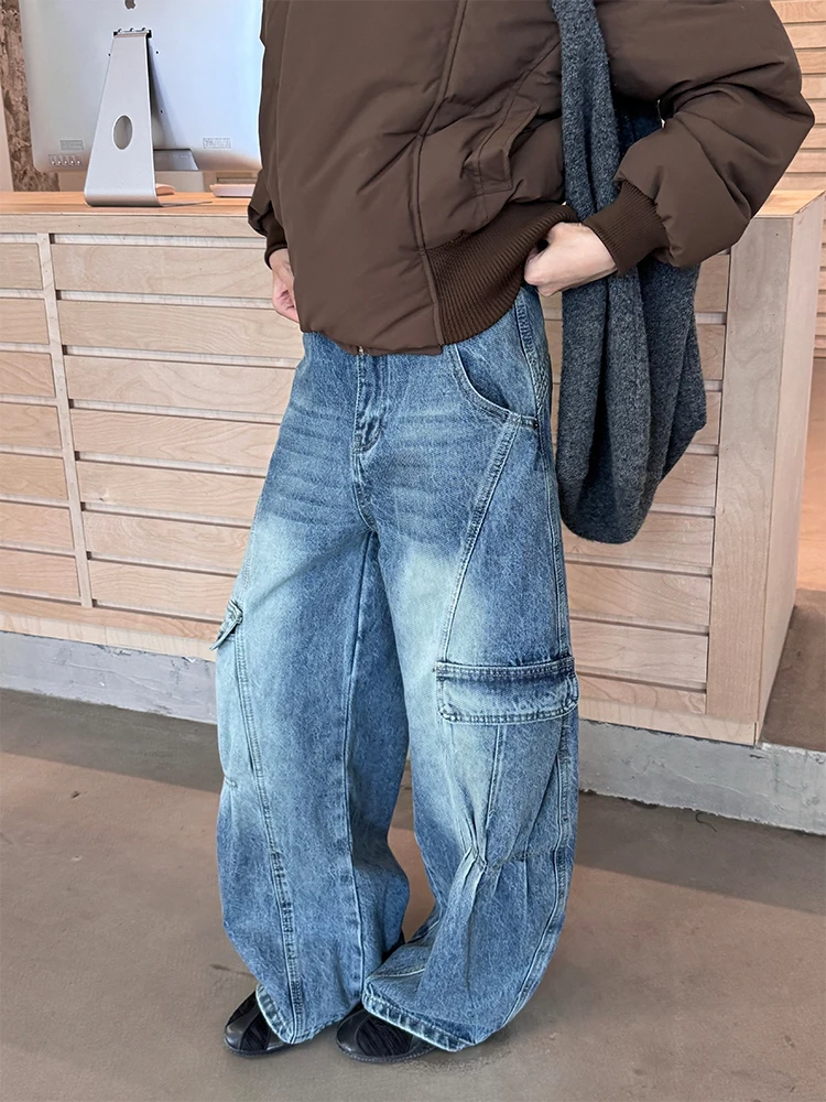 

Мужские винтажные джинсы URKR в американском стиле, широкие брюки из денима с эффектом сминания, удлиненные, с уникальным дизайном