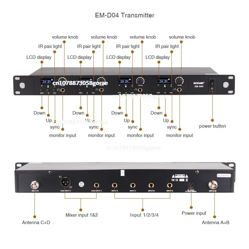 EM-D04 Wireless In Ear Monitor System 4 Channels Transmitter Host With 4 Bodypack Receivers For Stage Performance Return