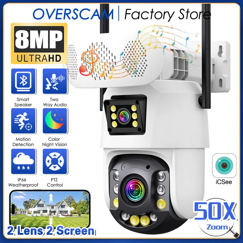 4K Dual Lens Wifi PTZ IP Security Camera 50X Zoom Outdoor Human Detection ICSEE CCTV Surveillance Camera with Bluetooth Speaker