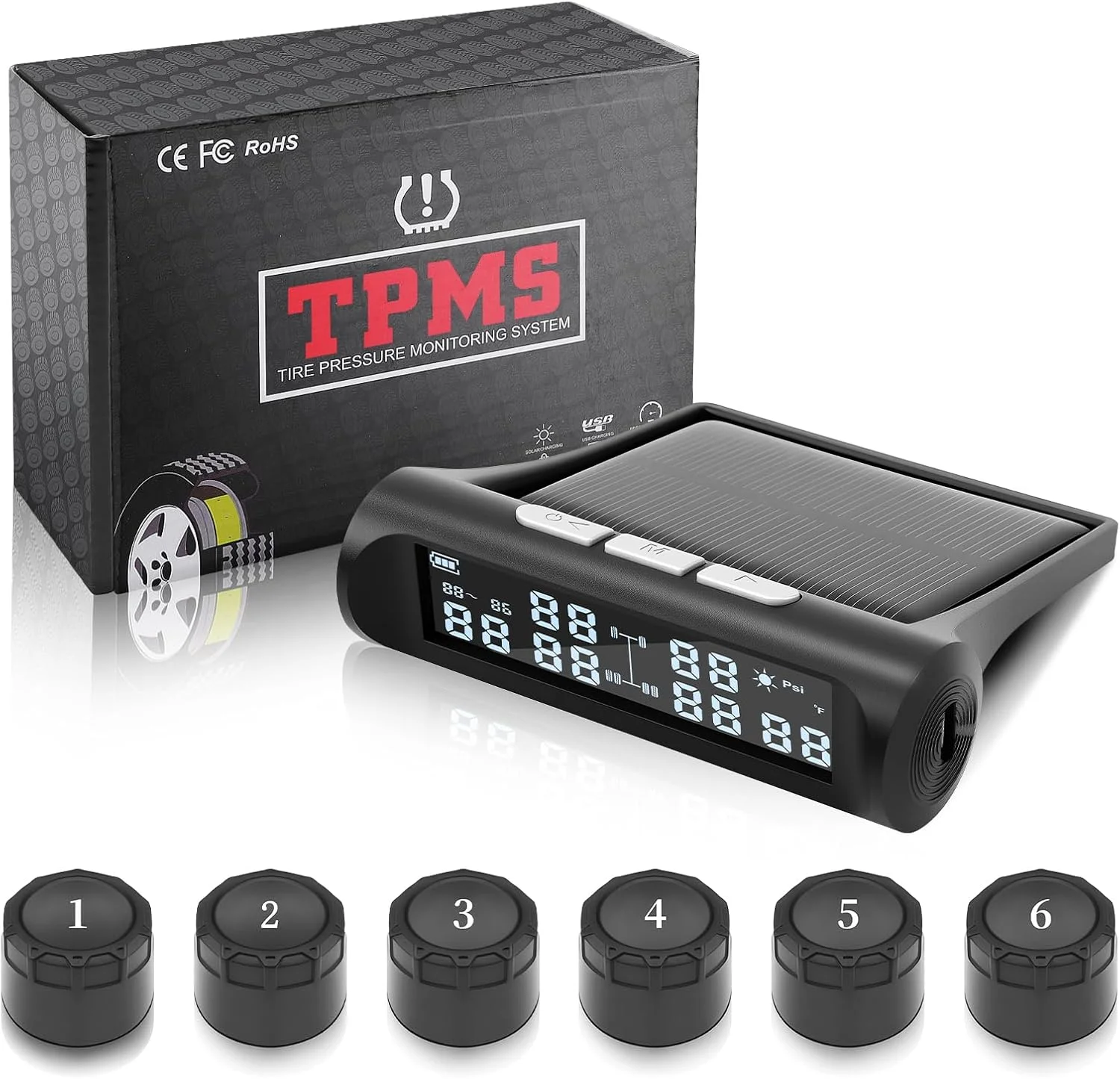 Truck Tire Pressure Monitoring System with 6 External sensors Solar Charge TPMS Tire Pressure System For RV Trailer Truck