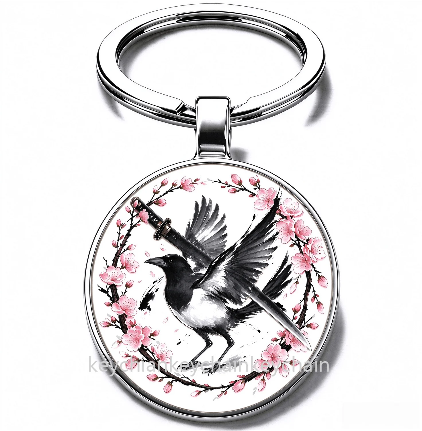 Japanese Animal crow Cherry Blossom Katana Keychain Samurai Sword Sakura Wreath Key Ring Car Bag Pendant Men Gift