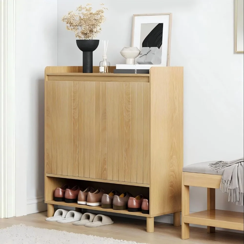 

Shoe cabinet with line groove door, 5-storey wooden shoe cabinet for entrance, hallway, closet, and living room, natural