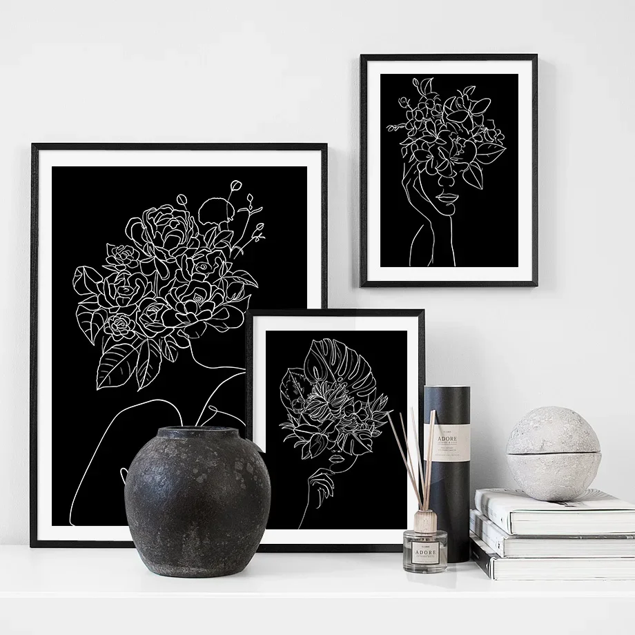 

Black White Geometric Girl Lines Flower Nordic Posters And Prints Wall Art Canvas Painting Wall Pictures For Living Room Decor