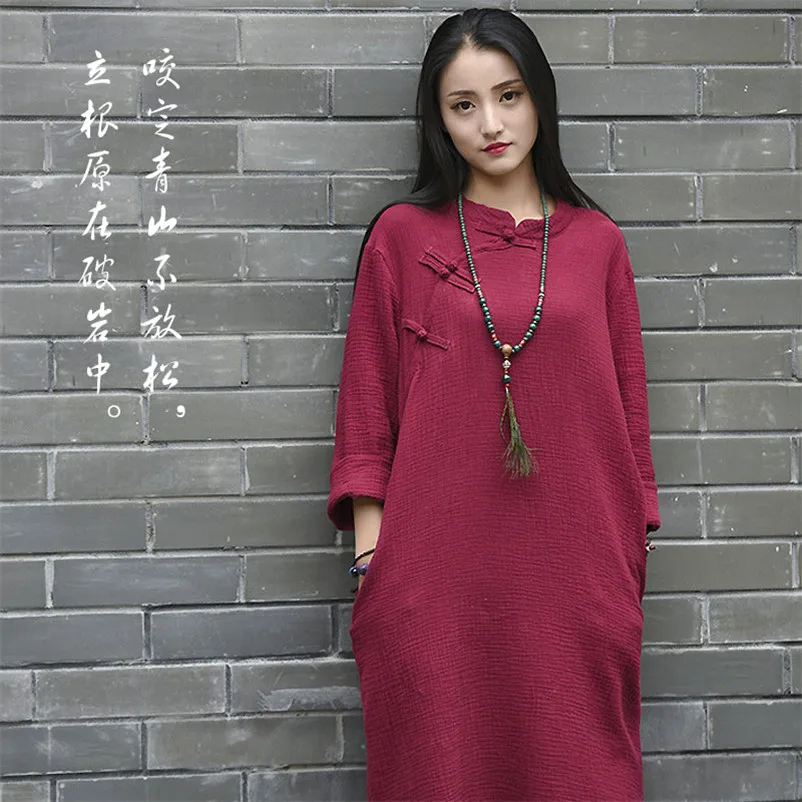 

Cotton Linen Chinese Style Women's Dress 2026 Spring Casual Button Long Dress With Pocket Full Sleeve Straight Dresses Vestidos