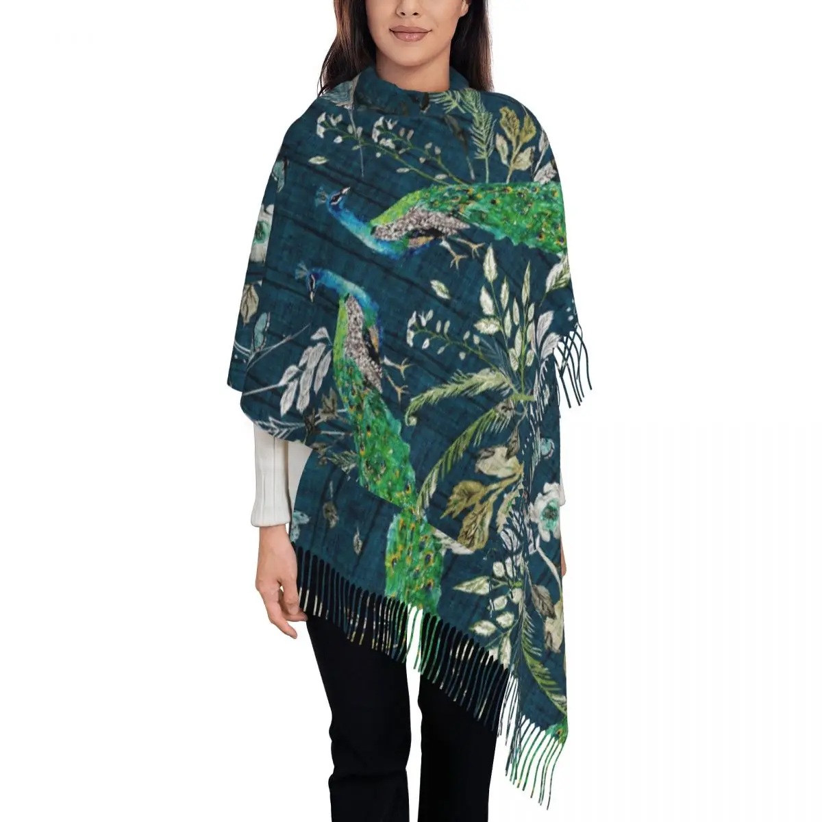 Peacock Chinoiserie (Teal) Scarf Tassel Scarves Women Soft Warm Shawls and Wraps Long Fall Winter Shawl Wrap