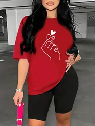 Summer Women's Hand Heart Gesture Print One-Piece Tops Tees Casual Loose Round Neck Short Sleeved Female T-shirt
