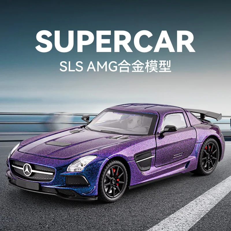 

Модель автомобиля Mercedes Benz SLS AMG из сплава, масштаб 1:24, двери и капот открываются, багажник можно открывать, детализированная отделка, высокое качество изготовления.
