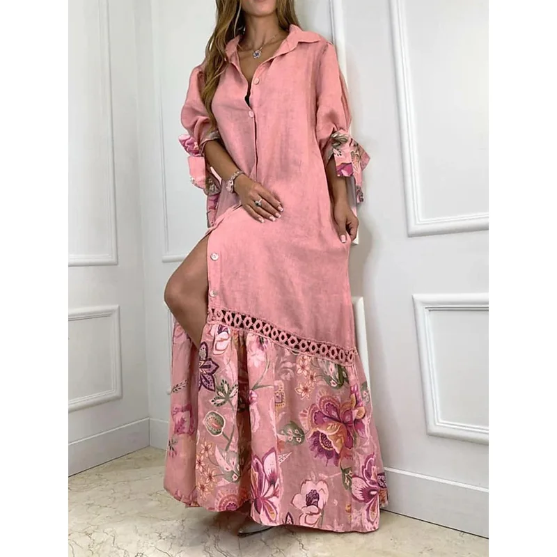 Elegant Lantern Sleeve Sundress Women Dress Fashion Lapel Neck Boho Printing Shirt Dress Single Breasted Maxi Dress Robe 2025