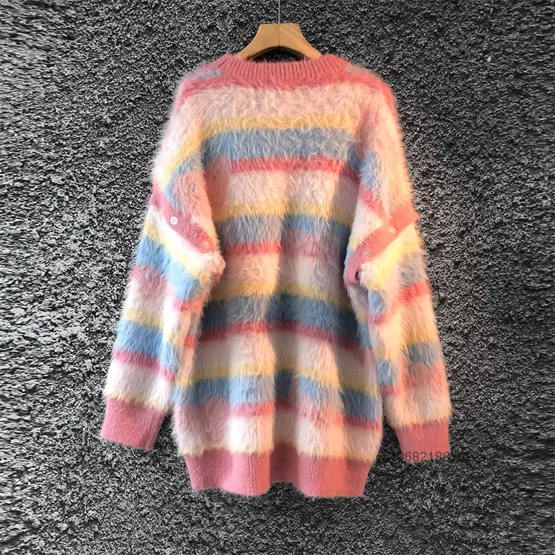 Sanrio Hello Kitty Korean Style Striped Soft Sweater Imitation Mink Round Neck Knitted Sweater Women\'s Autumn Cute Jacquard Coat