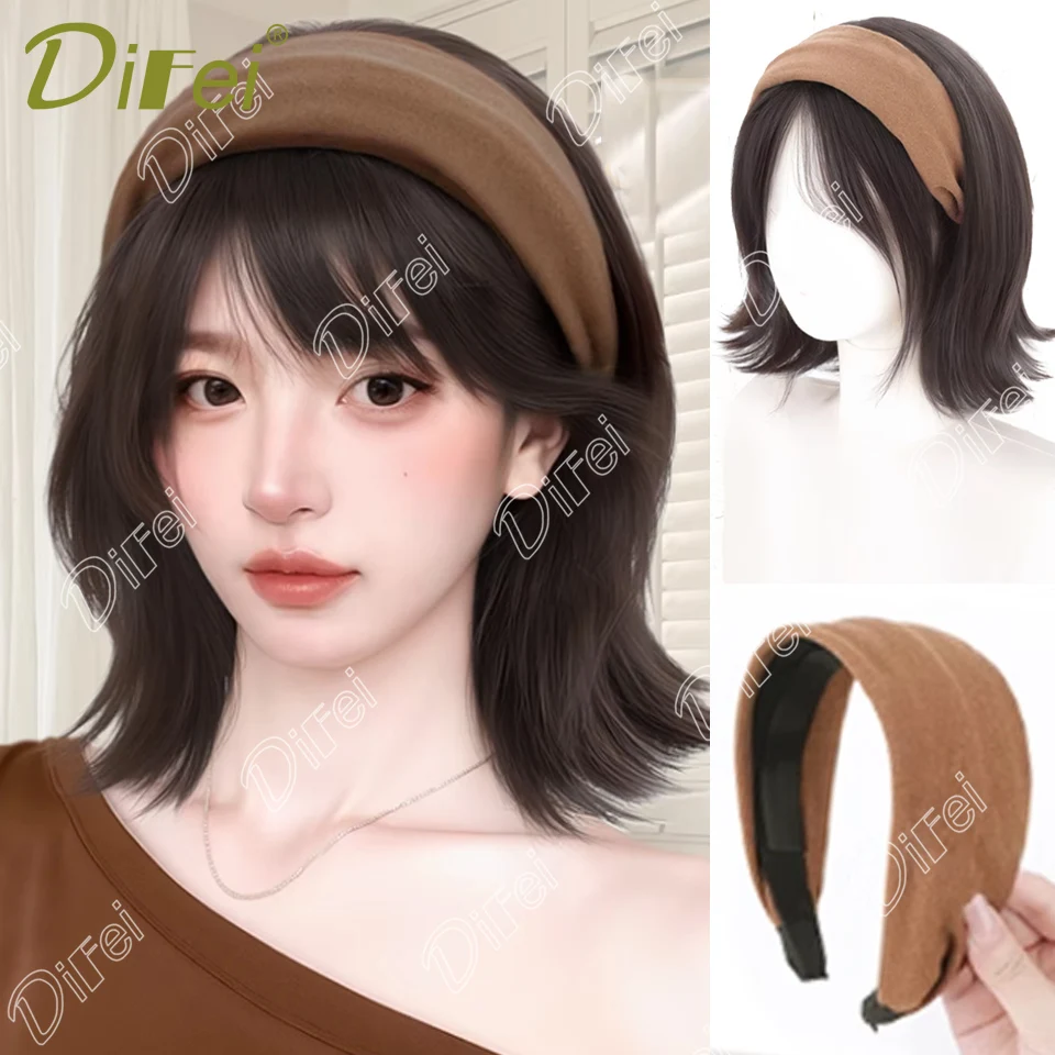 

DIFEI Синтетическая серая широкая повязка на голову с короткими волосами, слегка завитый парик, цельный, подходит для повседневного женского мероприятия