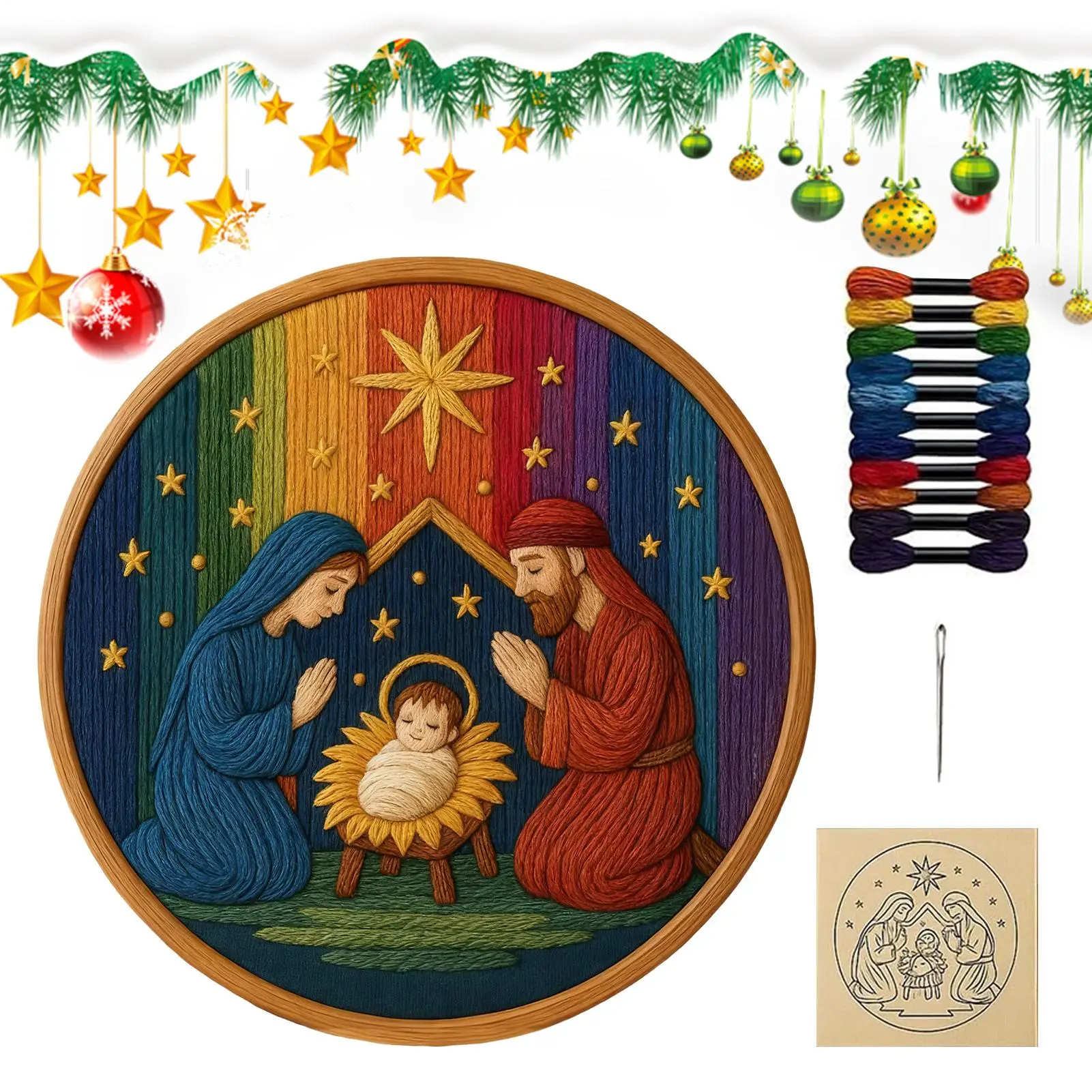 Christian Embroidery Kit Nativity Handmade Artwork Craft Christmas Ornament Embroidery Kit For Stocking Holiday Fall Halloween