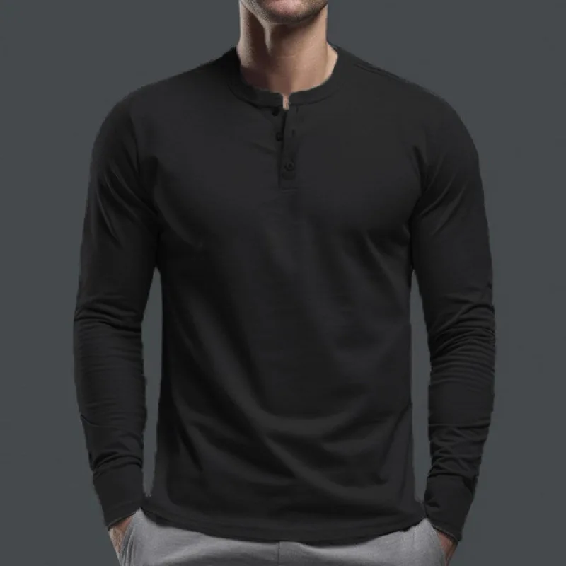 2024 Spring Autumn New Men\'s Pullovers Crew Neck Button Solid Color Fashion Slim Young Style Classic Long Sleeve T-shirt Tops