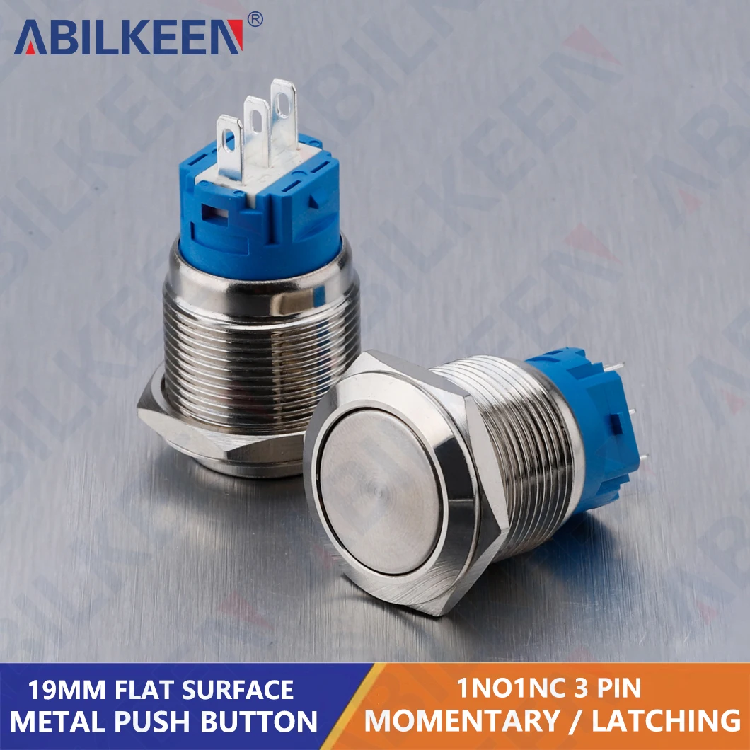 

ABILKEEN 19 мм плоская круглая поверхность мгновенный/фиксационный металлический кнопочный переключатель 1NO1NC кнопка управления питанием 3-220 В
